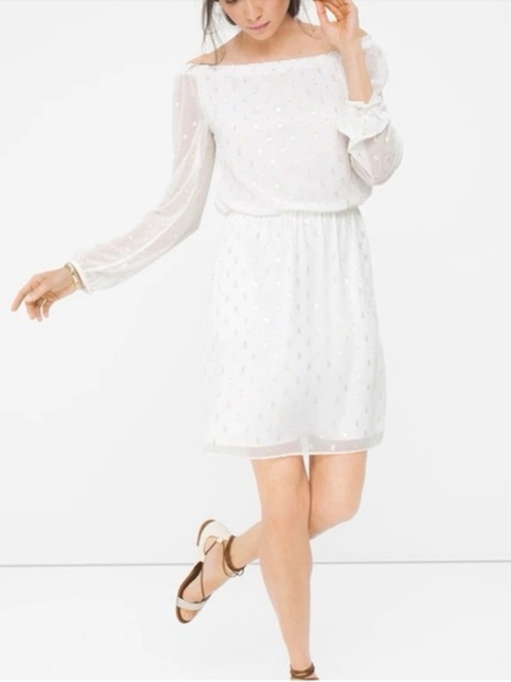 White House Black Market ✨ White Off-Shoulder Long Sleeve Swiss Dot Dress